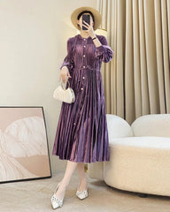 Luxury Pleated Lantern Sleeve Midi Dress – Designer Women’s Dress