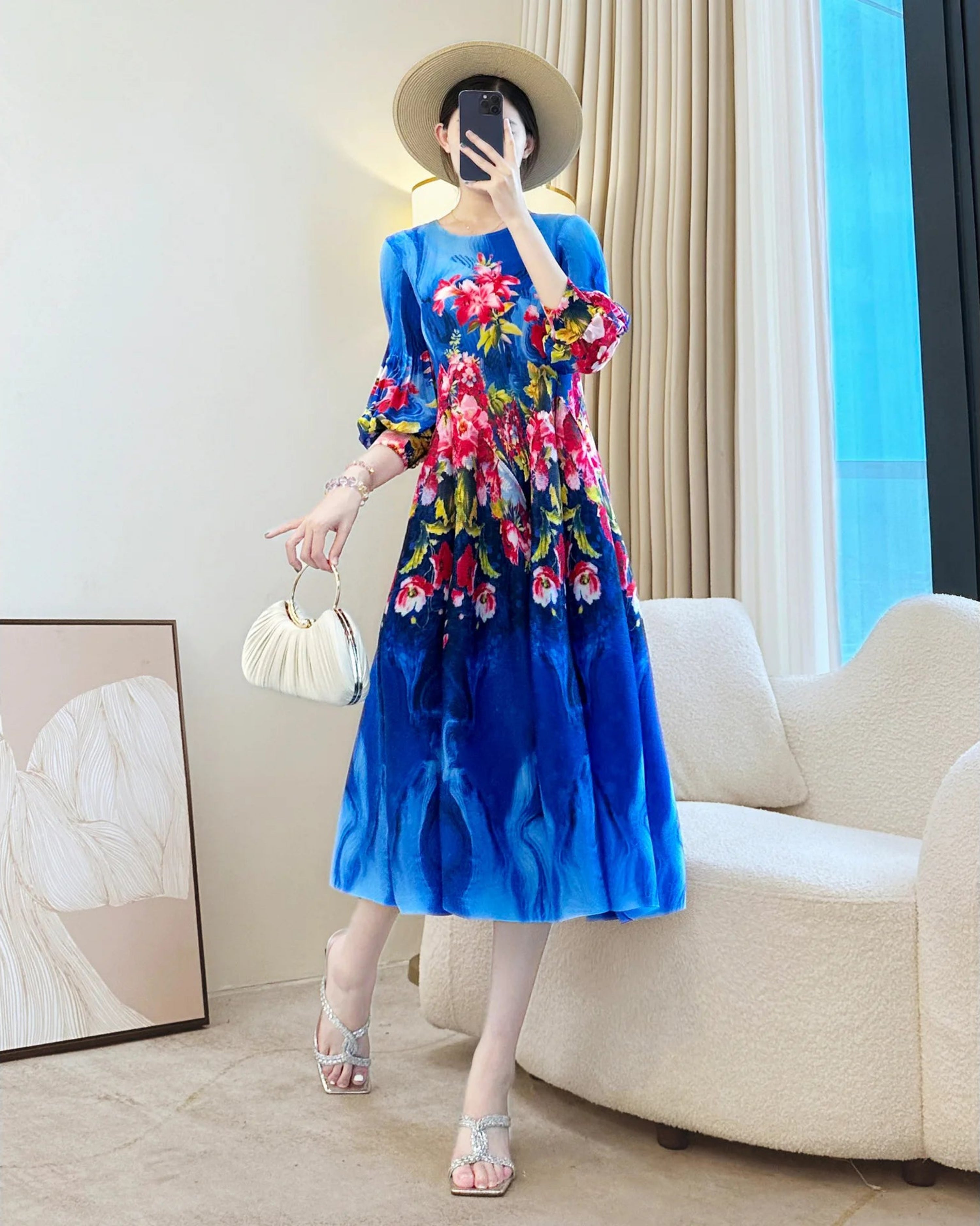 Luxury Pleated Midi Dress – Minimalist Japanese Design