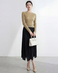 Luxury Pleated Midi Dress with Sleeves Designer Silhouette