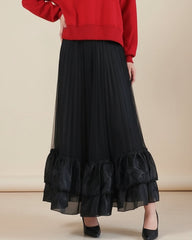 Luxury Pleated Tulle Maxi Skirt – Designer Ruffle Hem Evening Wear