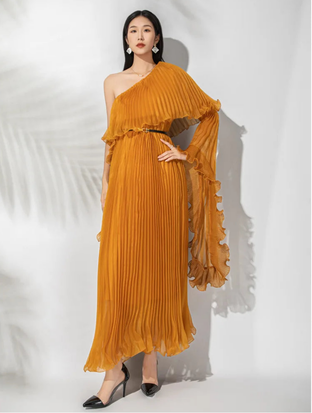 Luxury Plissé Midi Dress | One-Shoulder | Flowing Ruffle Sleeve | Cinched Waist | Formal Occasion & Evening Dress