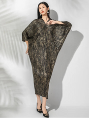 Luxury Plissé Pleated V-Neck Batwing Dress With Metallic Stripes