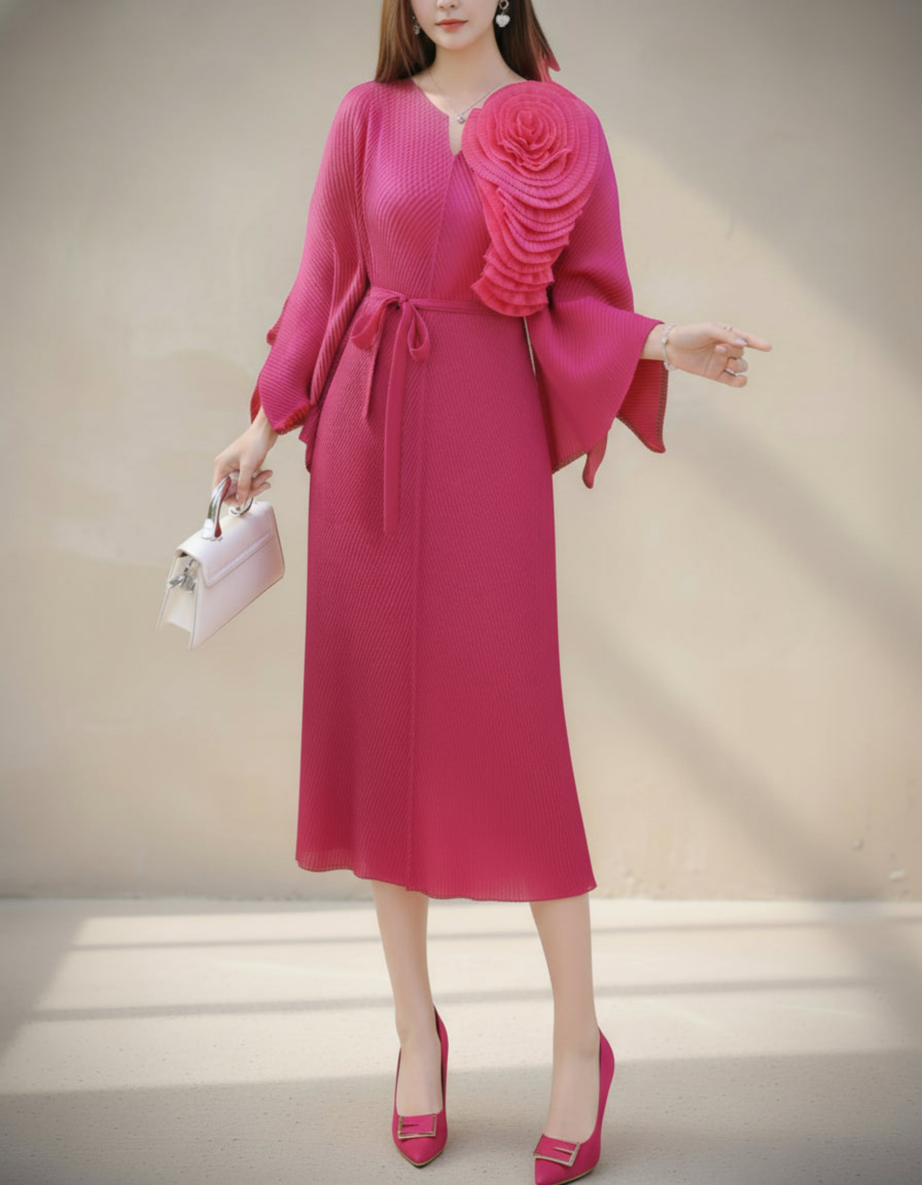 Luxury Plissé Pleats Pleated Midi Dress – Sculptural Floral Shoulder Detail