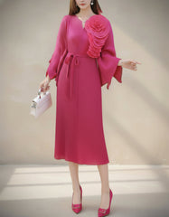 Luxury Plissé Pleats Pleated Midi Dress – Sculptural Floral Shoulder Detail