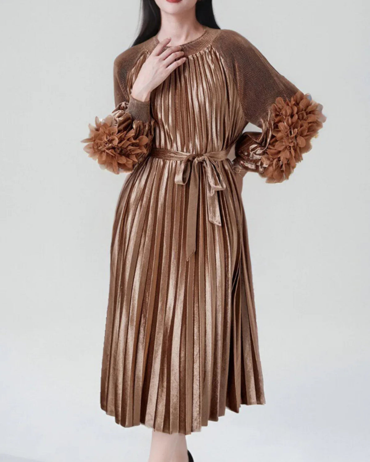 Luxury Plissé Pleats Pleated Midi Dress – Self-Tie Belt & Ruffled Cuffs