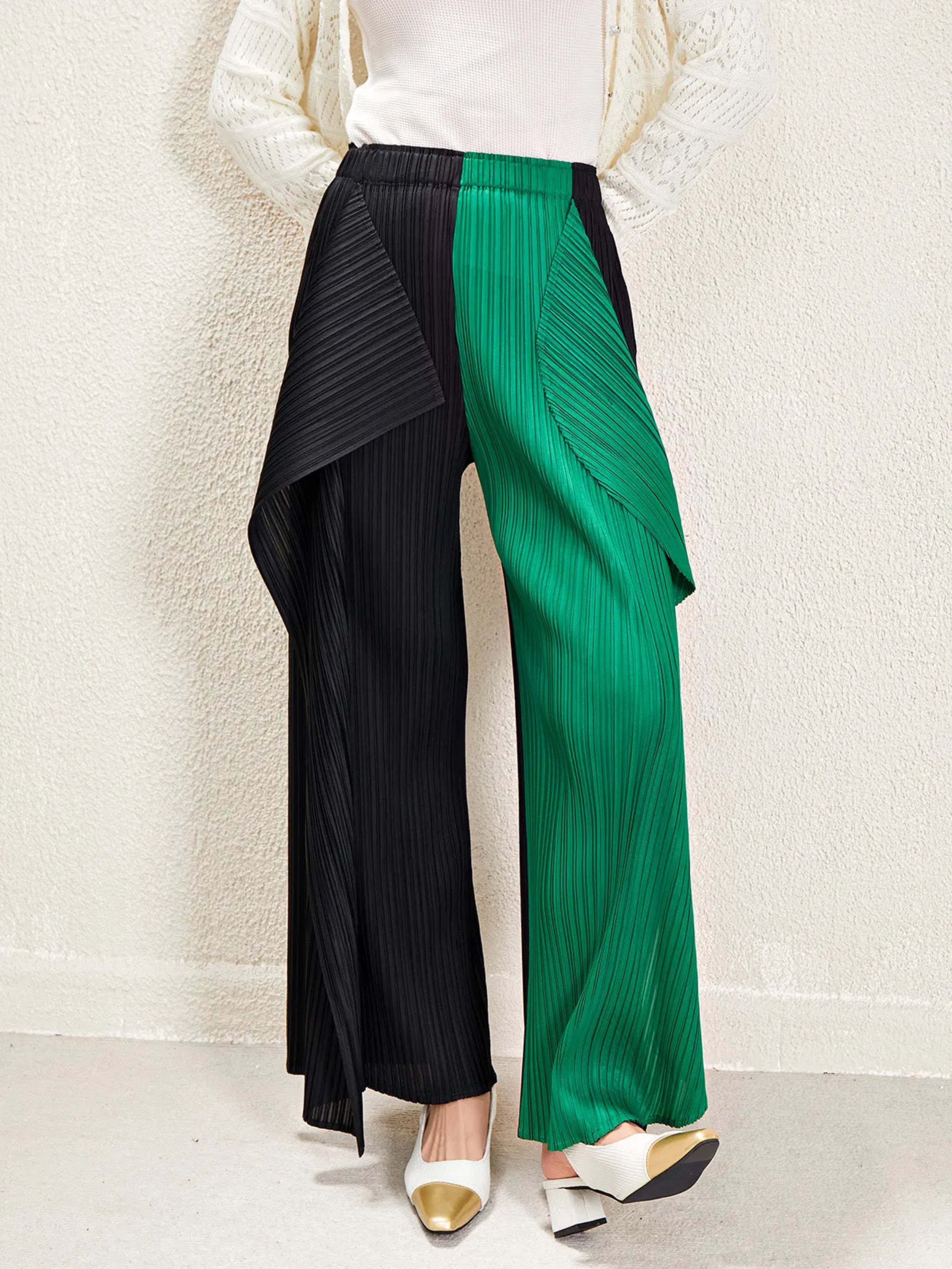 Luxury Plissé Pleats Pleated Wide-Leg Trousers – Color-Block Design