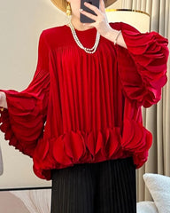 Luxury Plissé Sculptural Bell Sleeve Top