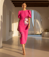 Luxury Puff-Sleeve Sequin Embellished Midi Dress Couture