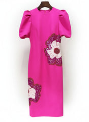Luxury Puff-Sleeve Sequin Embellished Midi Dress