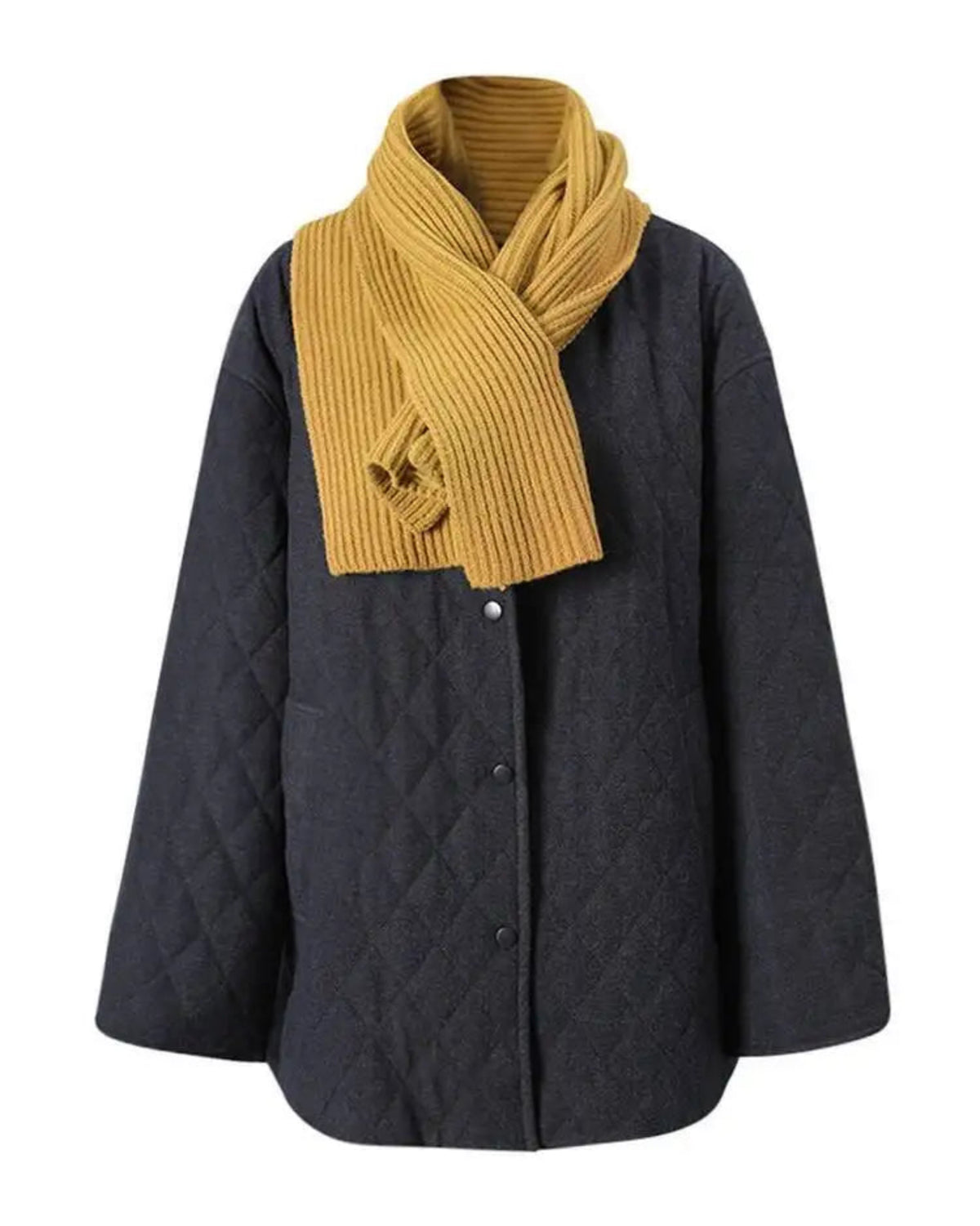 Luxury Quilted Wool Blend Jacket with Ribbed Knit Scarf Set