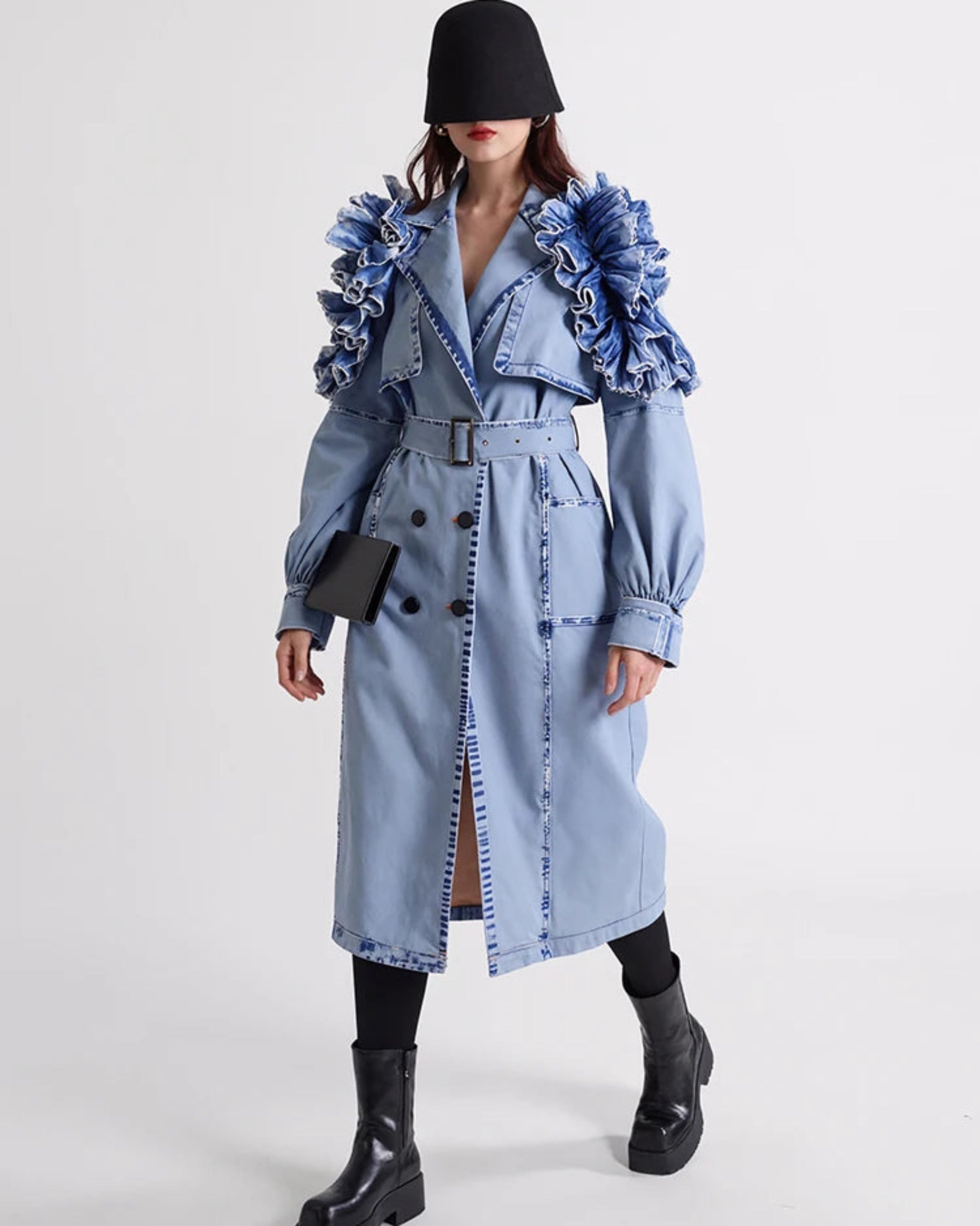 Luxury Soft Denim Trench – Designer Tiered Coat
