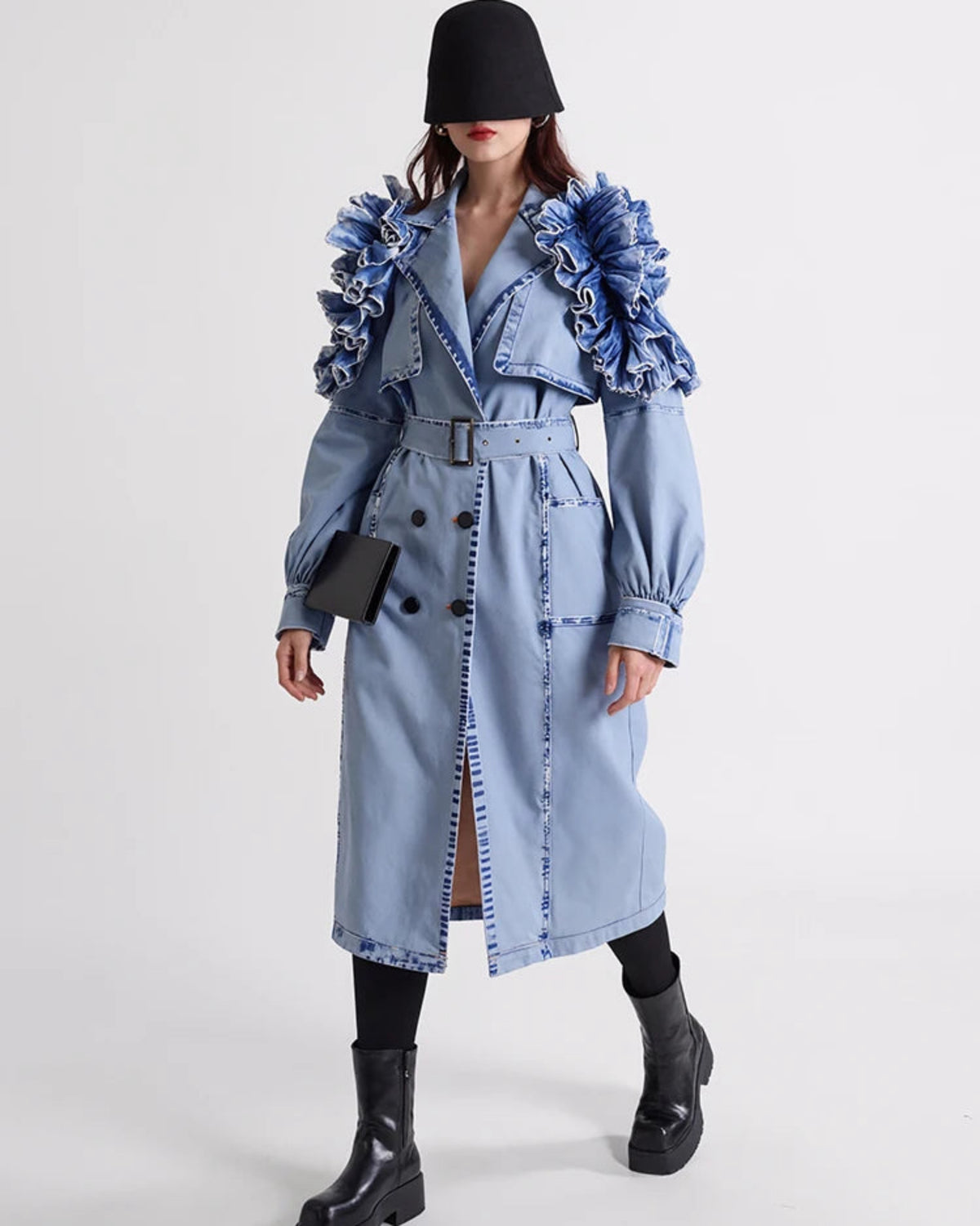 Luxury Soft Denim Trench – Designer Tiered Coat