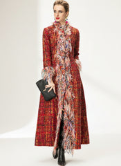 Luxury Tweed Maxi Coat – Feather Fringe Front & Cuff Detail