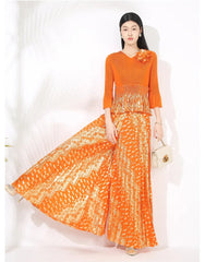 Luxury Two-Piece Japanese Pleated Set: Wide-Leg Palazzo Pants and Floral Top