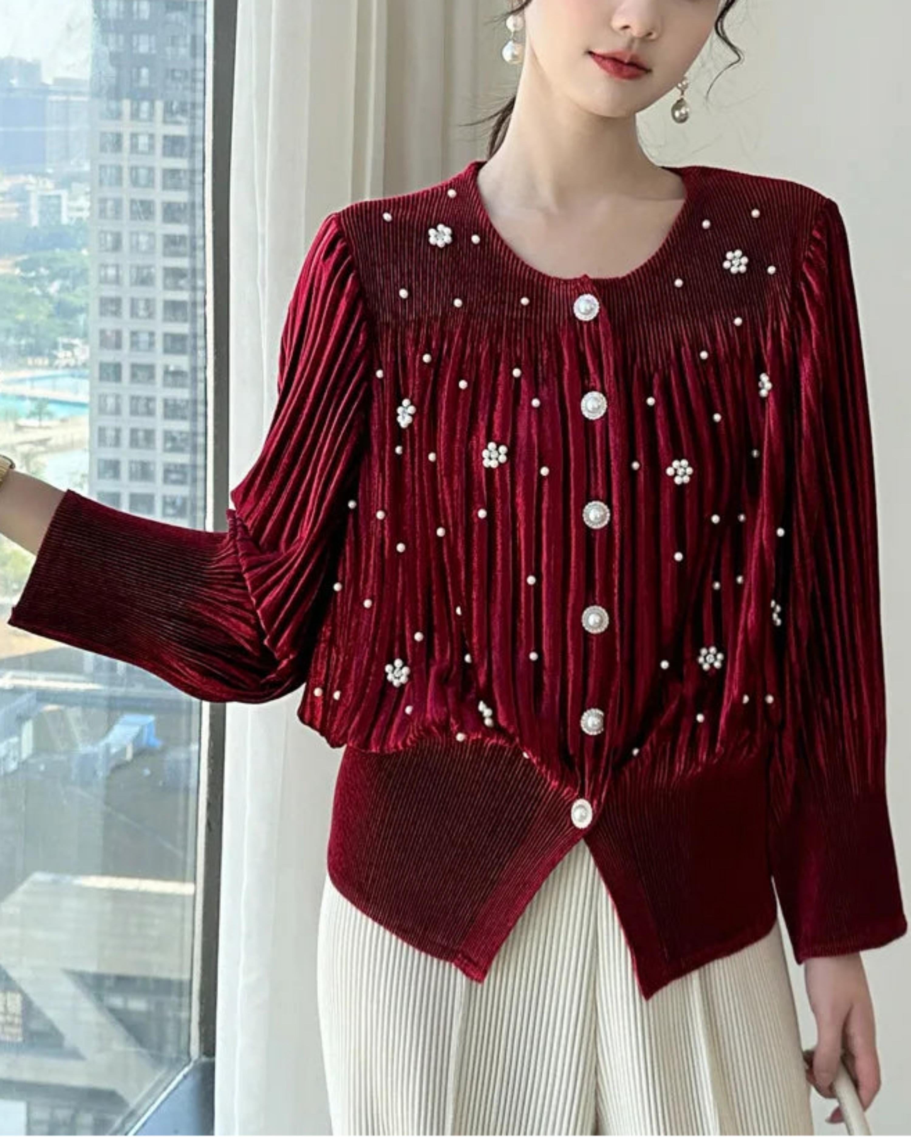 Luxury Velvet Japanese Pleated Blouse | Cruise, Work, Evening, Resort