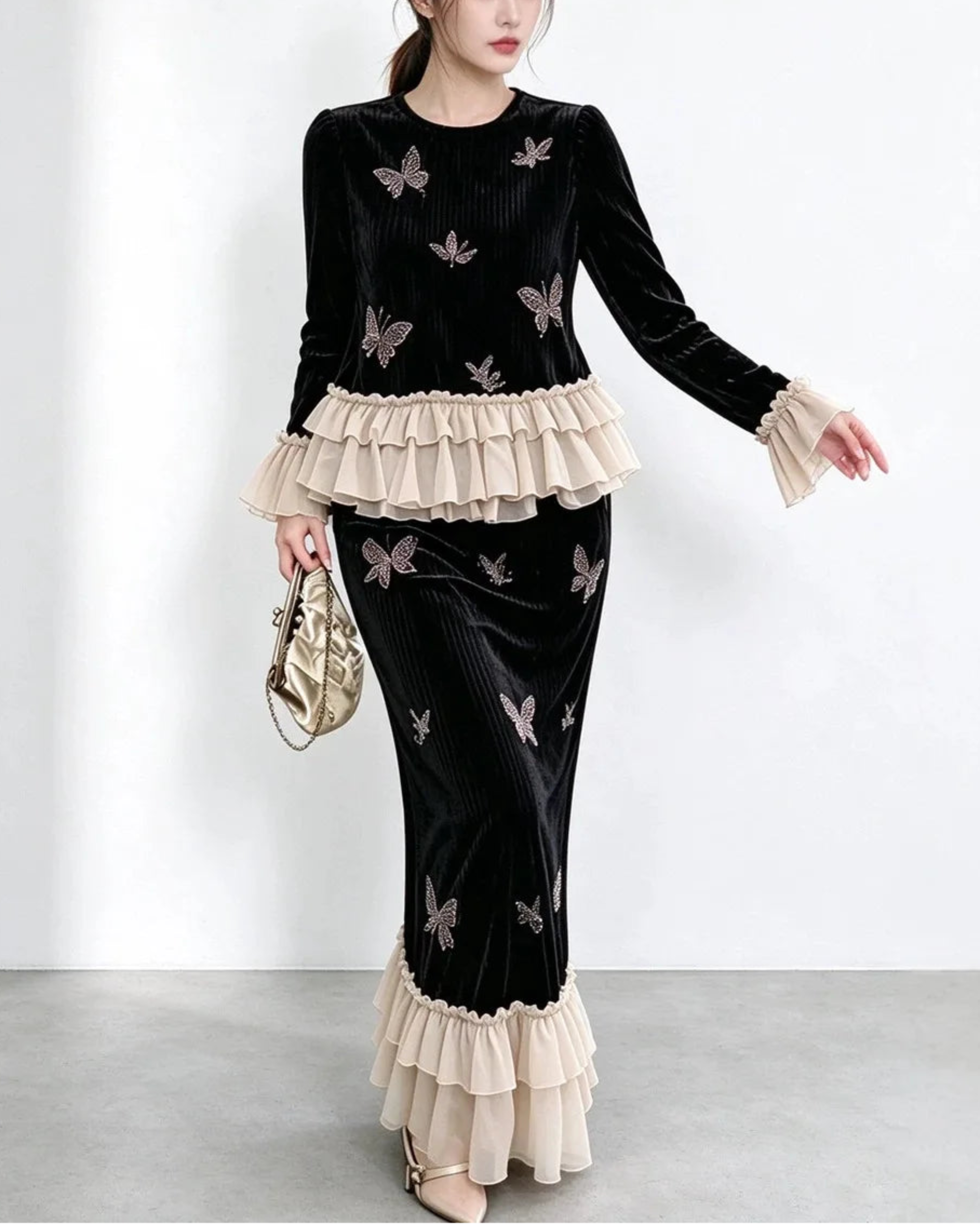  Luxury Velvet Pleated Skirt Set