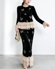  Luxury Velvet Pleated Skirt Set