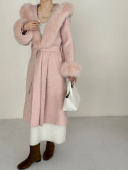 Luxury Wool Blend Faux Fur Hooded Coat Long Tie-Waist Winter Outerwear Women's