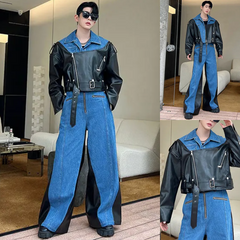 Men's 2 Piece Denim Leather Jacket and Jeans Set