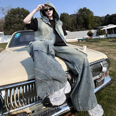 Men's Acid Wash Denim Hooded Vest & Wide-Leg Cargo Pants 2-Piece Luxury Streetwear Set
