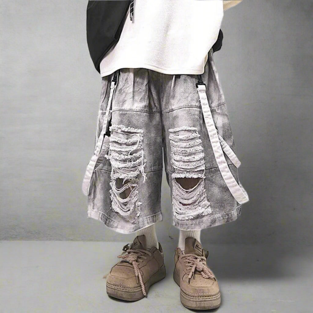 Men's Baggy Luxury Streetwear Extra Distressed Denim Jorts HEYFANCYSTYLE