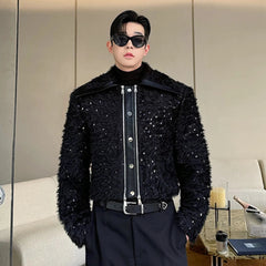 Men's Black Faux Fur Bomber Jacket - Full Sleeve, Relaxed Fit, Japanese Streetwear Style