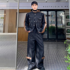 Men's Dark Denim Brown Leather 2-Piece Set HEYFANCYSTYLE
