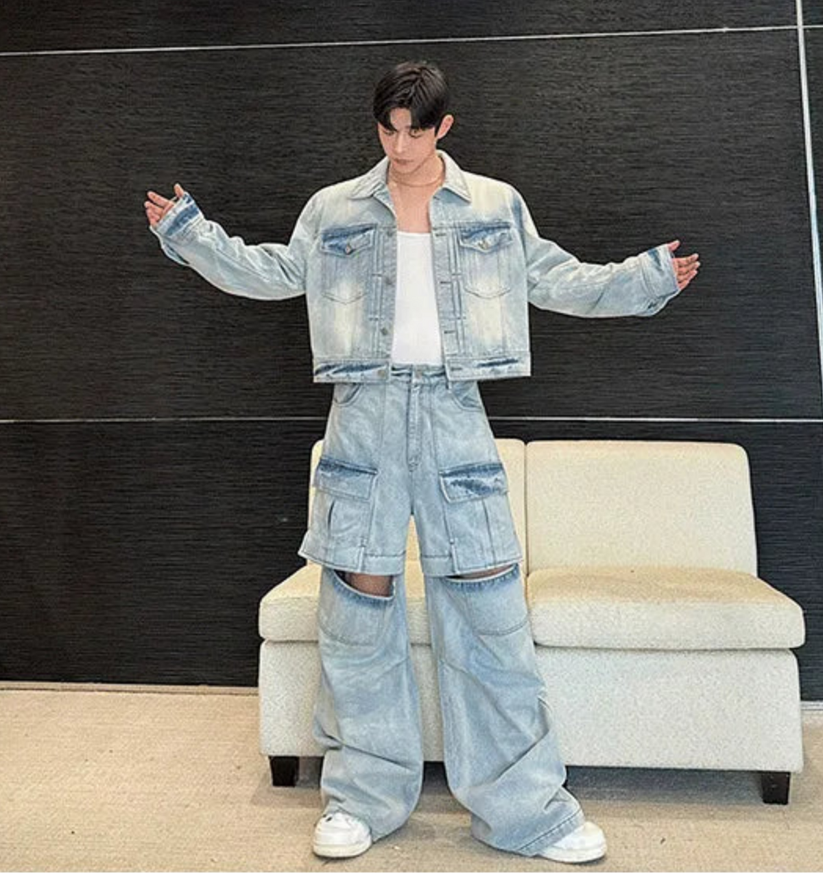 Men's Denim Jacket & Convertible Cargo Baggy Jeans/Shorts 2 Piece Set - Luxury Streetwear