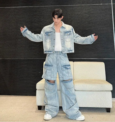 Men's Denim Jacket & Convertible Cargo Baggy Jeans/Shorts 2 Piece Set - Luxury Streetwear