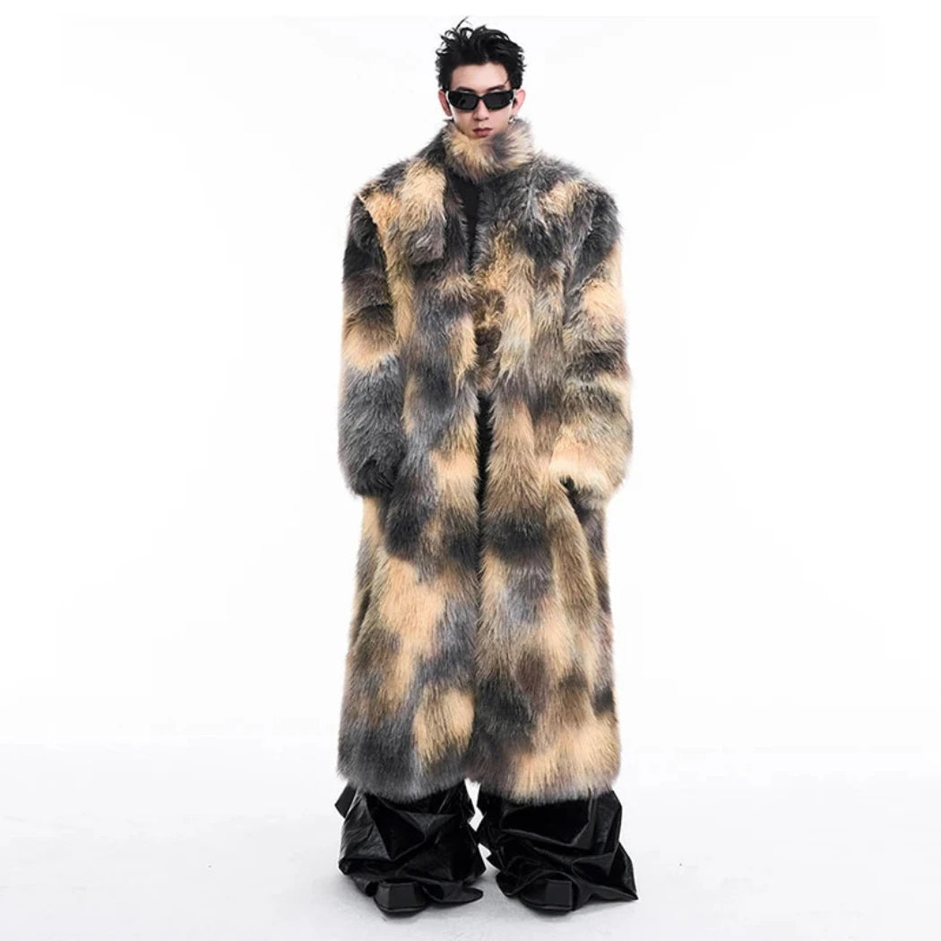 Men's Extra Long Faux Mink Coat with Scarf