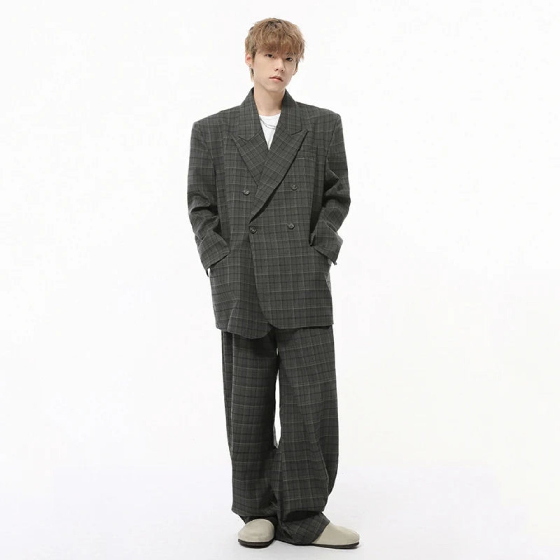 Men's Gray Loose Fit Modern Plaid Suit Set