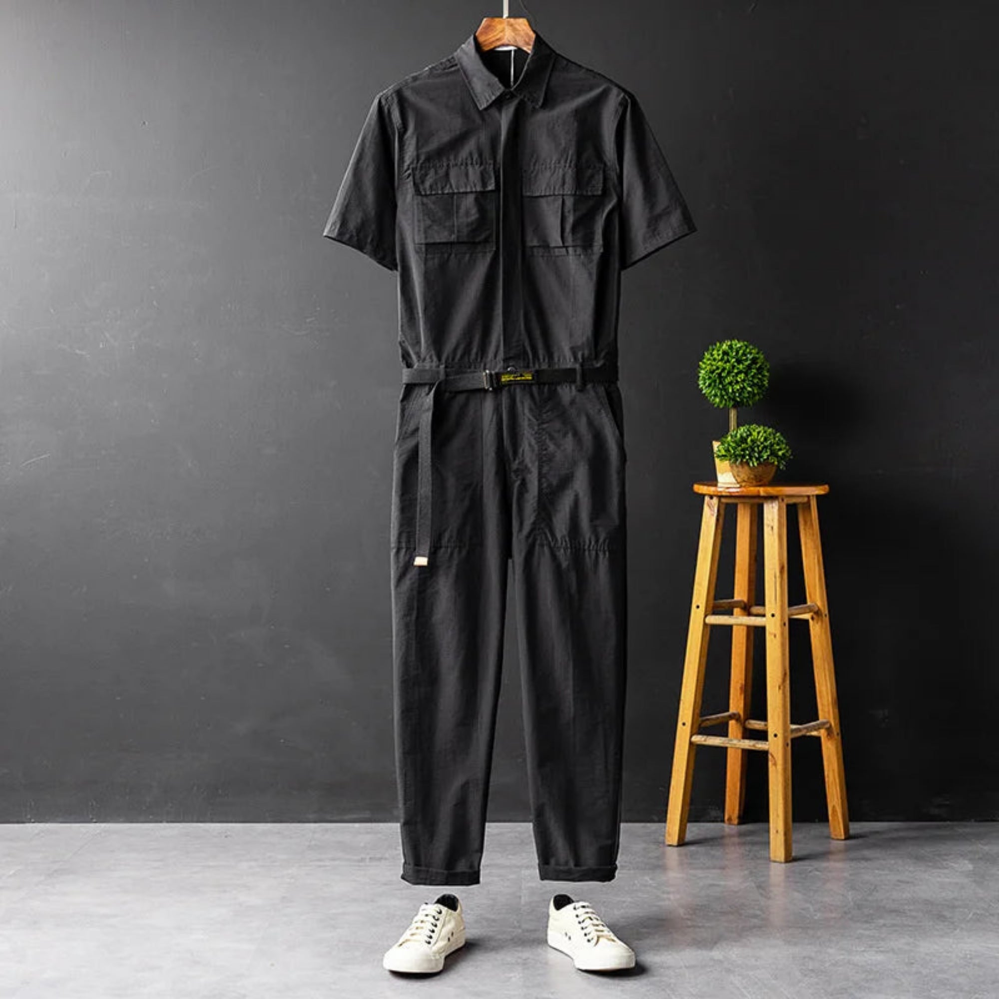 Men's High Streetwear Stylish Workwear Jumpsuit - Black