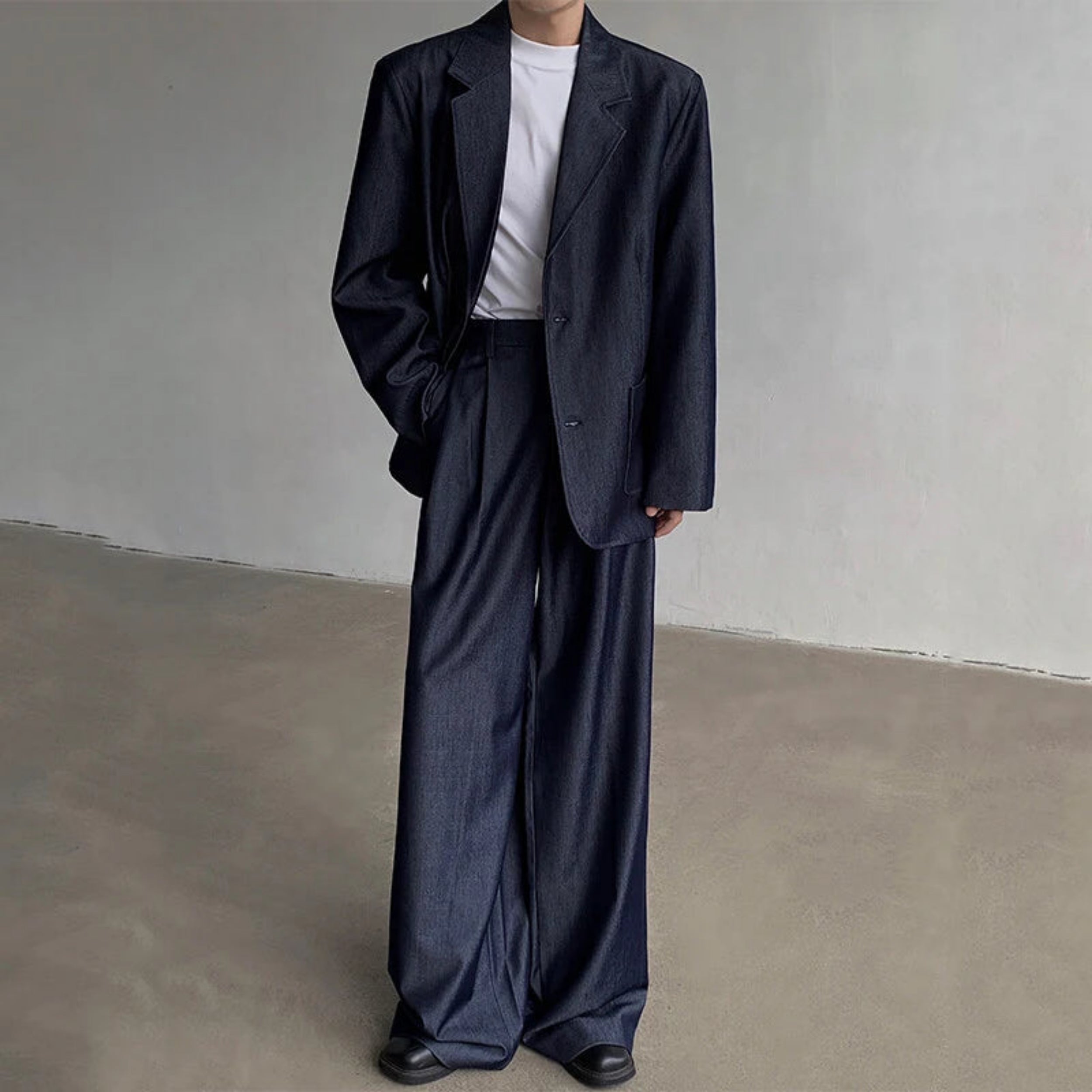 Men's Luxury Dark Denim Oversized Blazer & Wide-Leg Pants Suit Set
