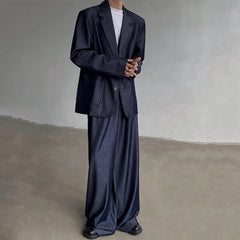 Men's Luxury Dark Denim Oversized Blazer & Wide-Leg Pants Suit Set HEYFANCYSTYLE