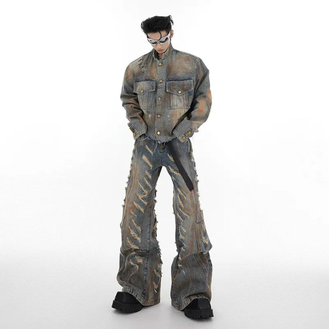 Men's Luxury Denim 2-Piece Set: Distressed Wide Leg