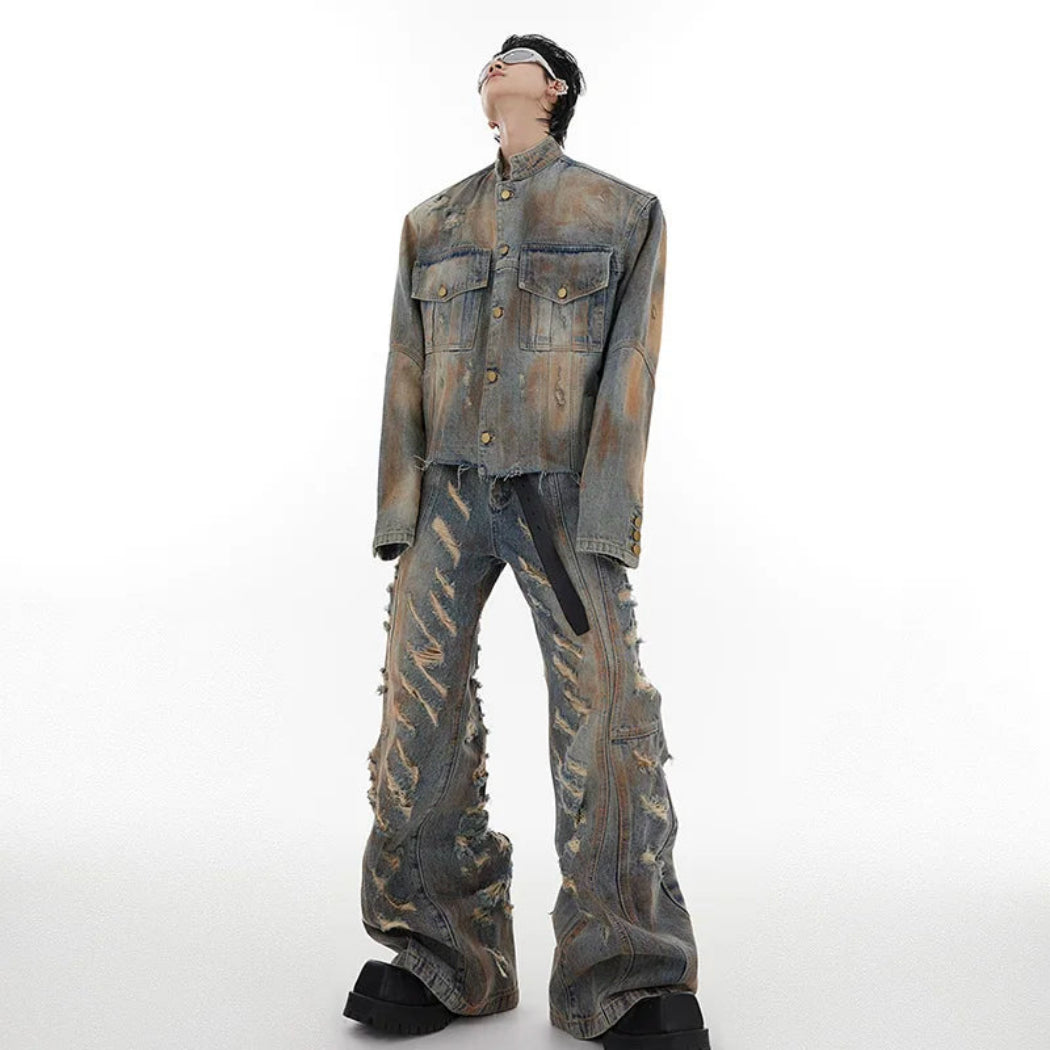 Men's Luxury Denim 2-Piece Set: Distressed Wide Leg HEYFANCYSTYLE