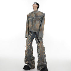 Men's Luxury Denim 2-Piece Set: Distressed Wide Leg HEYFANCYSTYLE