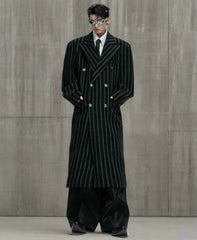 Men's Luxury Designer Wool-Blend Oversized Pinstripe Double-Breasted Long Coat Outerwear