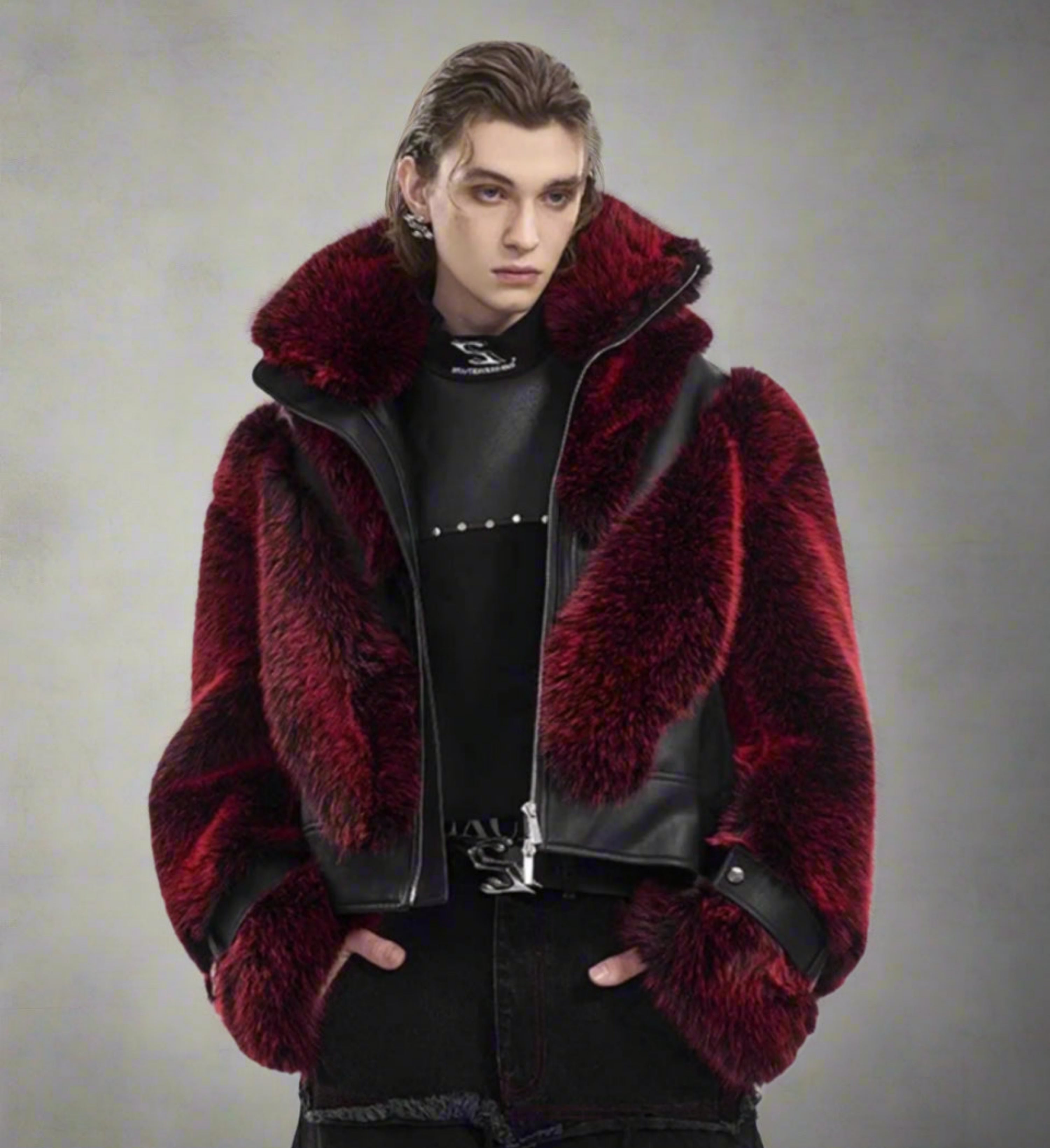 Men's Luxury Faux Fur Vegan Leather Biker Jacket HEYFANCYSTYLE
