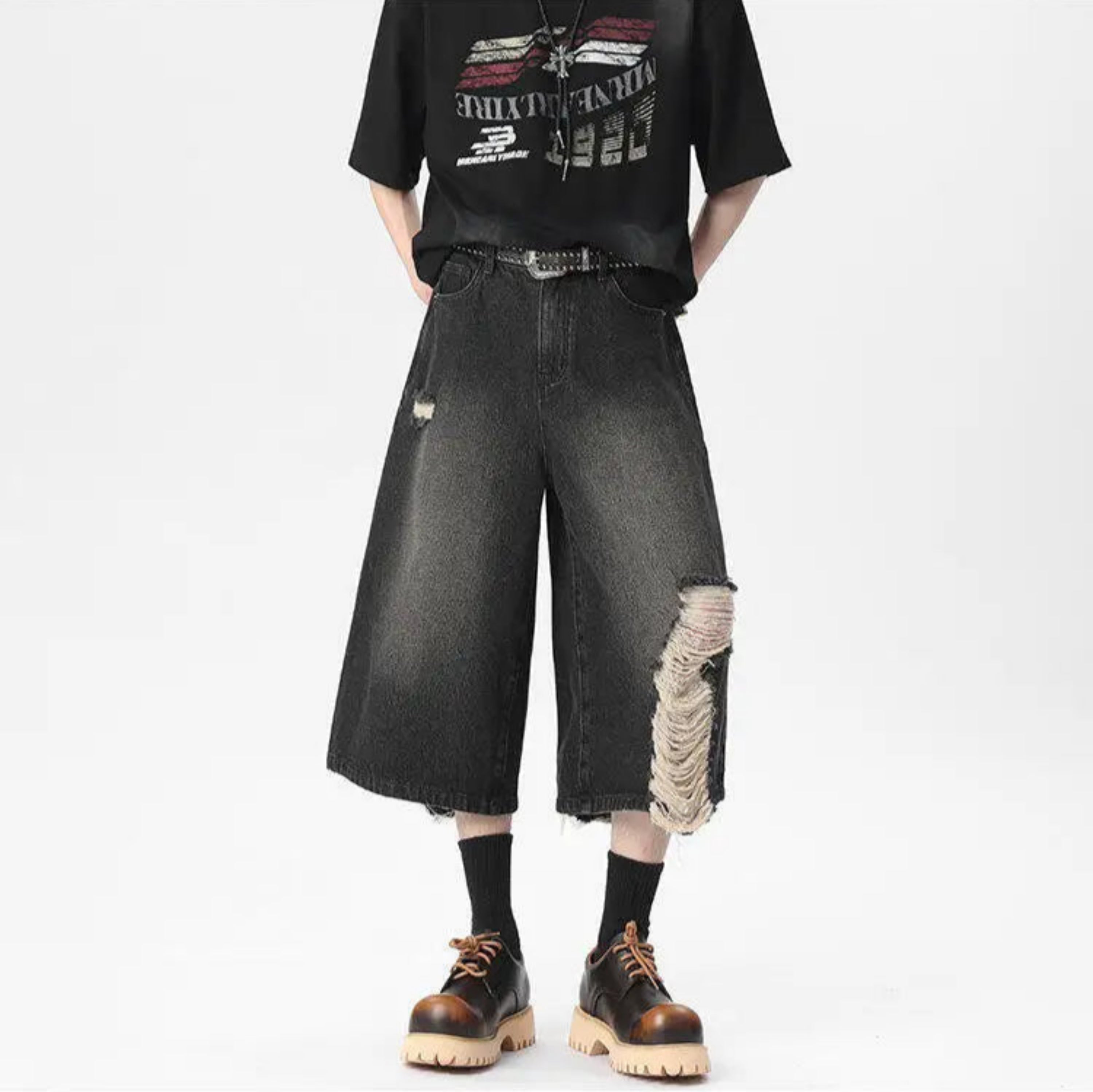 Men's Luxury Streetwear Oversized Distressed Ripped Long Wide-Leg Denim Shorts Jorts