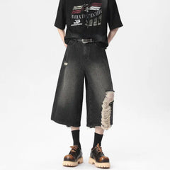 Men's Luxury Streetwear Oversized Distressed Ripped Long Wide-Leg Denim Shorts Jorts