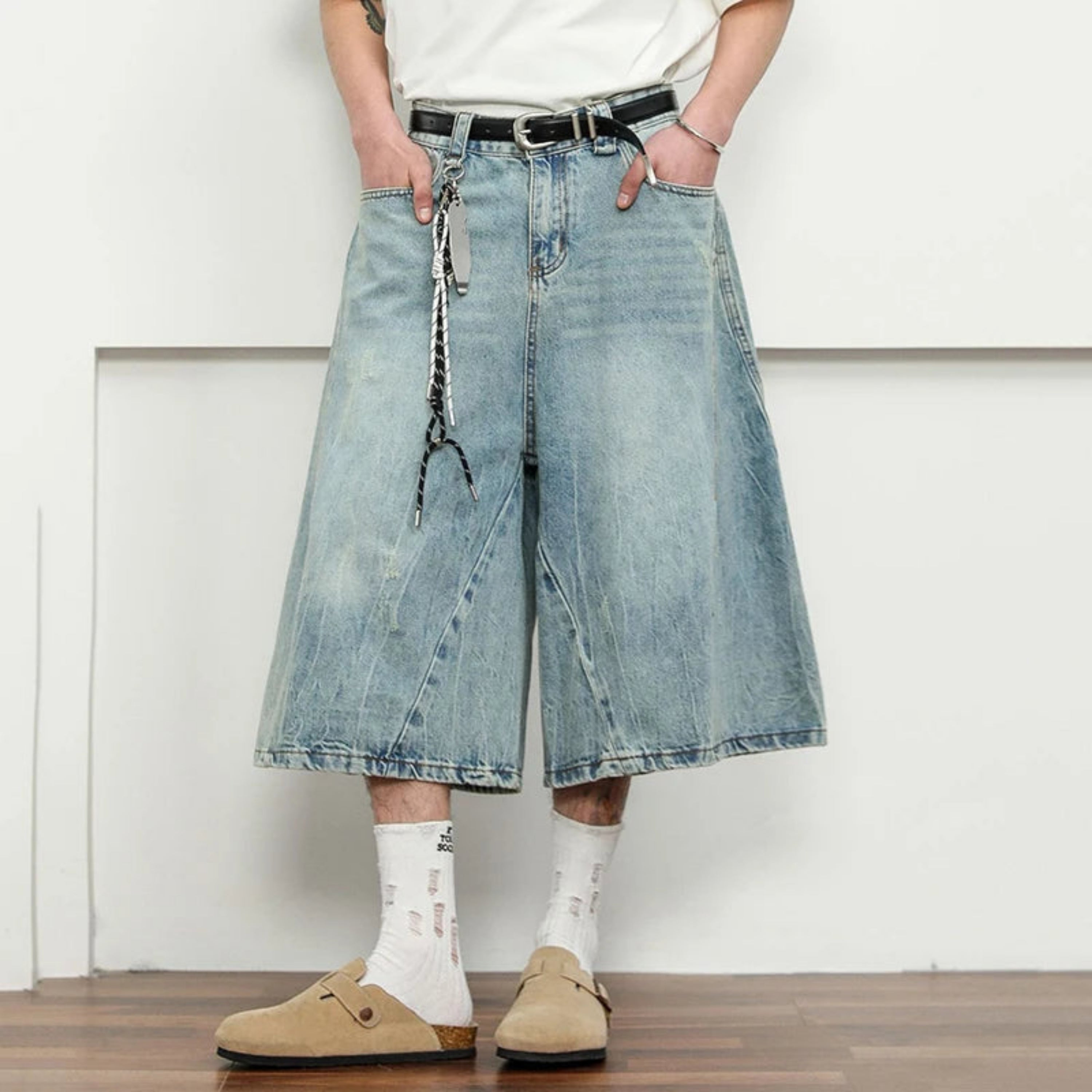 Men's Luxury Wide Leg Washed Denim Long Shorts