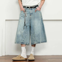 Men's Luxury Wide Leg Washed Denim Long Shorts
