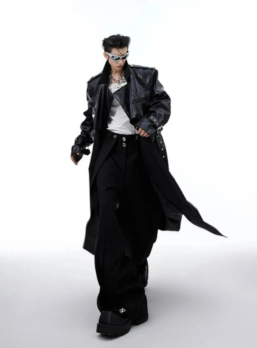 Men's Oversized Faux Leather Belted Trench Coat