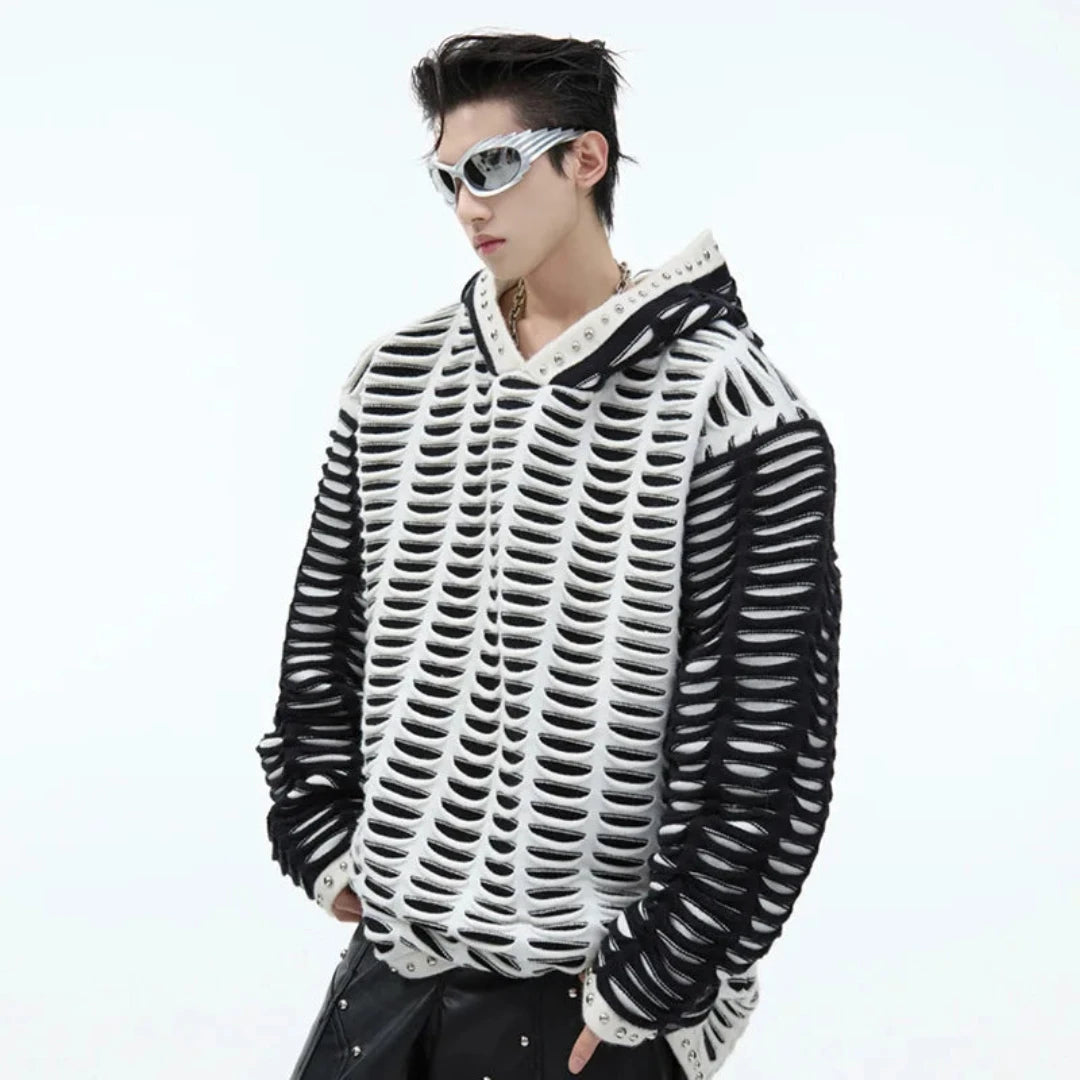 Men's Popover Knitted Studded Hoodie - White