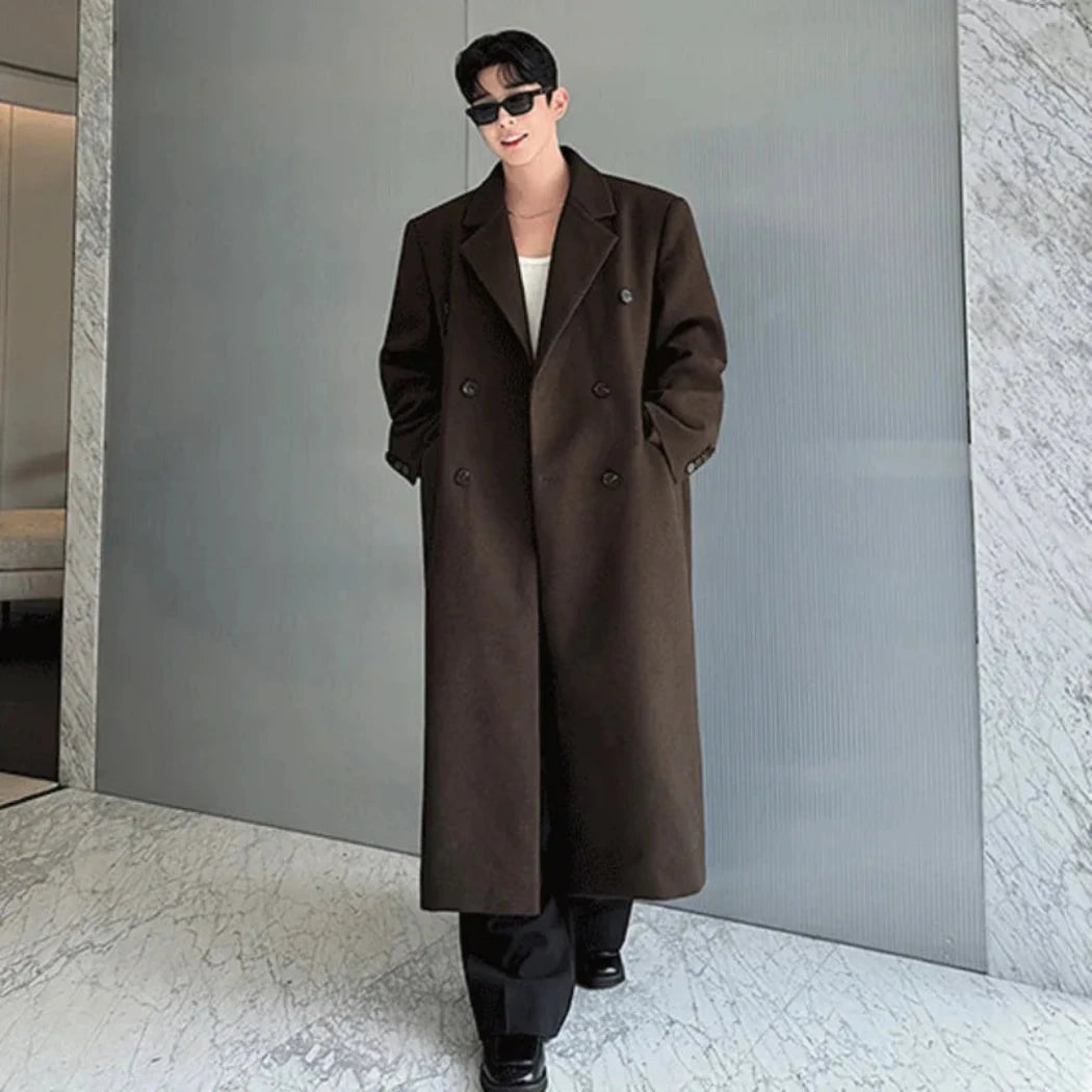 Men's Premium Dark Brown Wool-Blend Coat – Longline Style for Business Wear