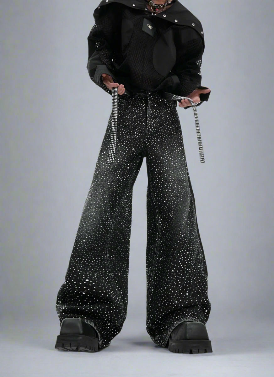 Men's Wash Crystal Rhinestone Flare Jeans - Black