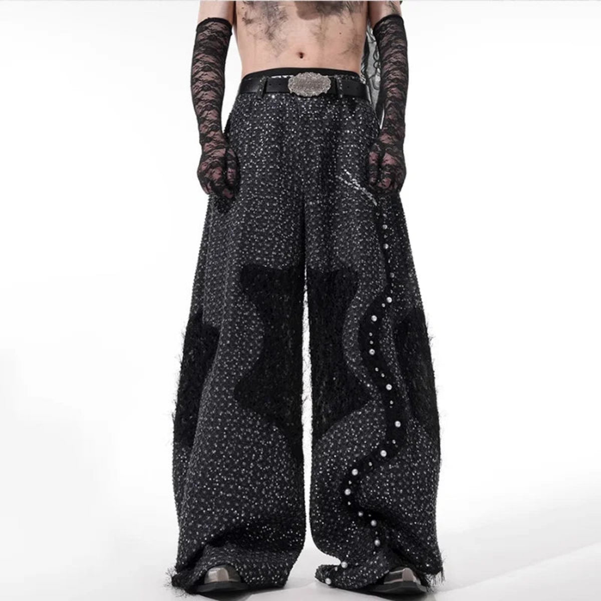 Men's Wool Blend Wide-Leg Oversized Luxury Streetwear Beaded Trousers