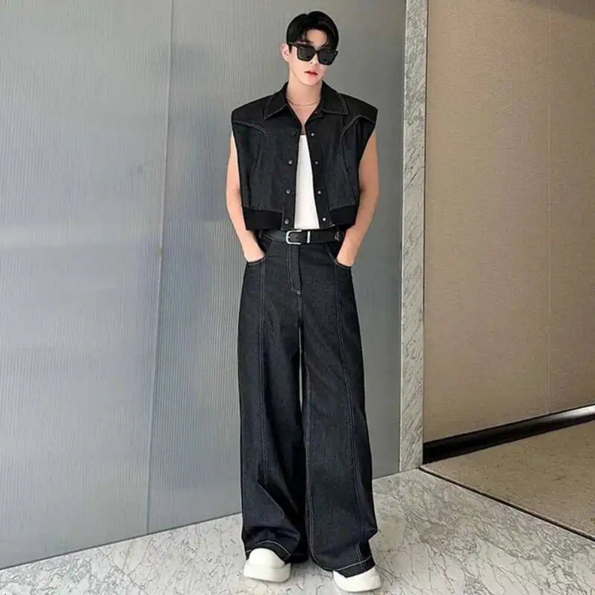 Men's Éclat Punk Dark Denim Crop Vest and Baggy Jeans Set | Luxury Japanese Streetwear
