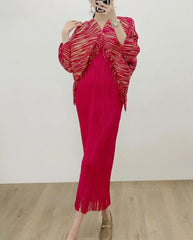 Metallic Plisse Fringe Dress